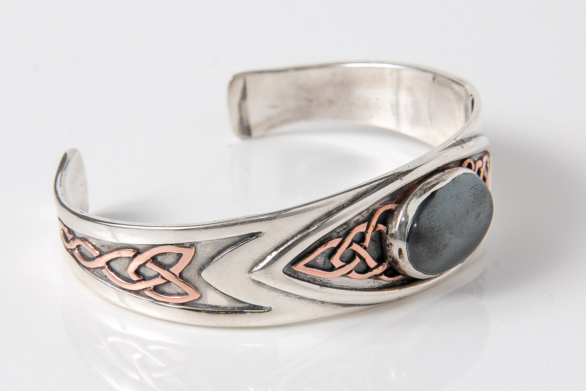 Copper and silver celtic knotwork bracelet with haematite 